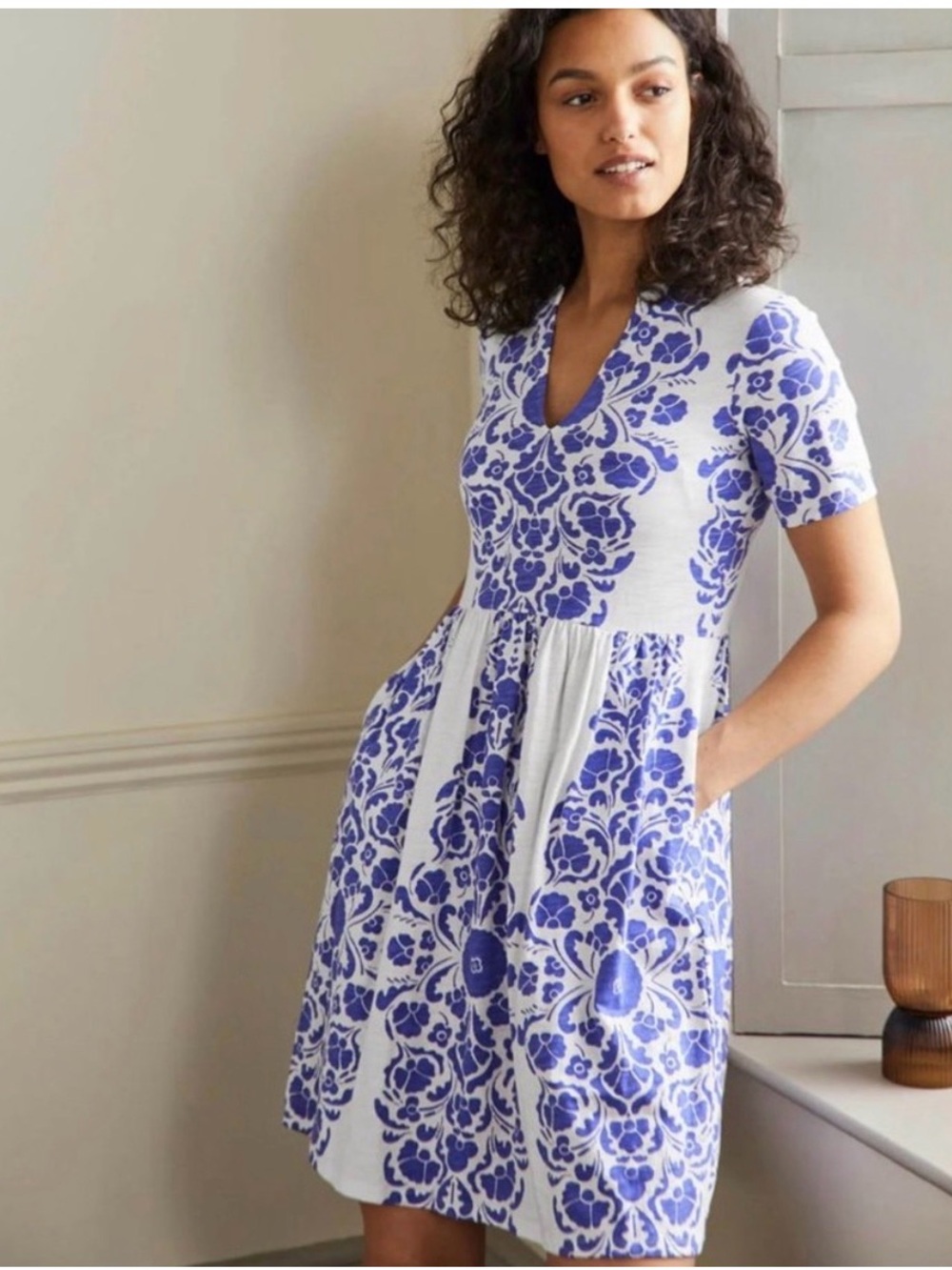 Boden notch neck tee shirt dress, blue and white block print, 10L